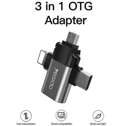 Adaptor OTG Lightning / microUSB / USB-C - USB-A Yesido GS15, Negru