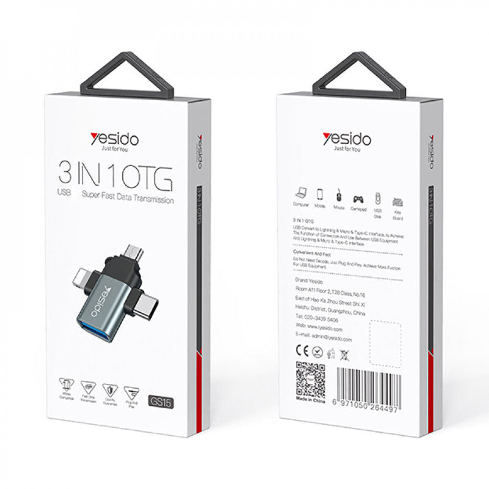 Adaptor OTG Lightning / microUSB / USB-C - USB-A Yesido GS15, Negru