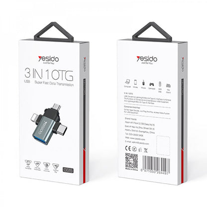 Adaptor OTG Lightning / microUSB / USB-C - USB-A Yesido GS15, Negru