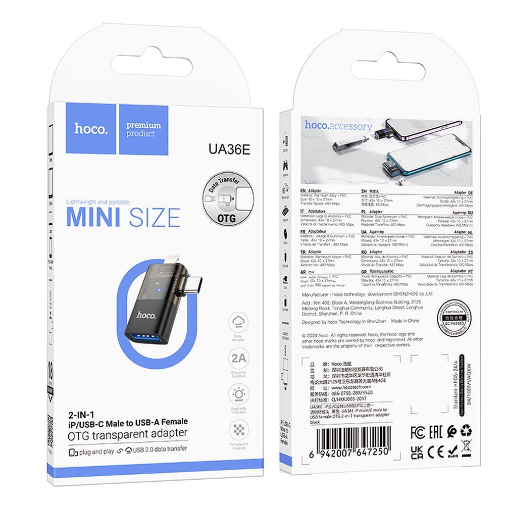 Adaptor OTG Lightning / USB-C - USB-A HOCO UA36E, Negru
