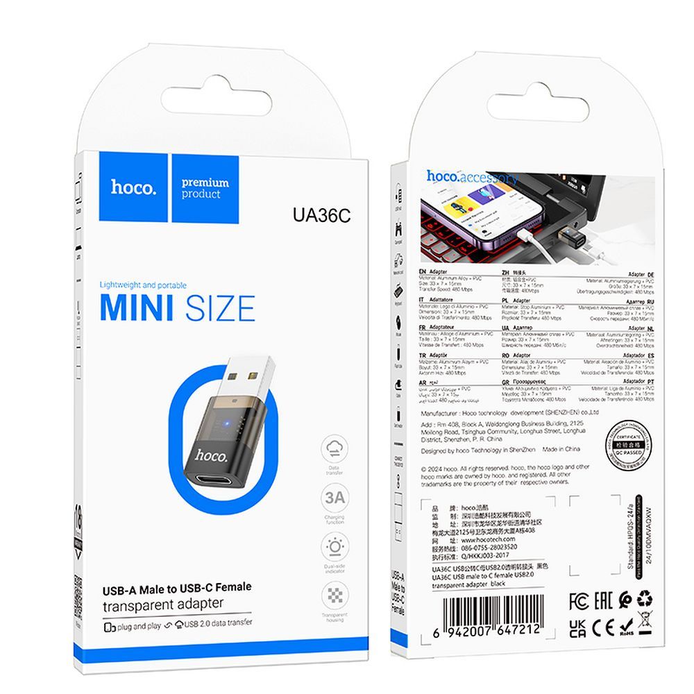 Adaptor Date si Incarcare USB-C - USB-A HOCO UA36C, Negru