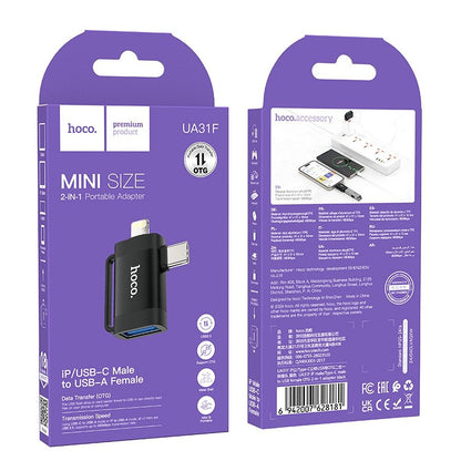 Adaptor OTG USB-C / Lightning - USB-A HOCO UA31F, Negru