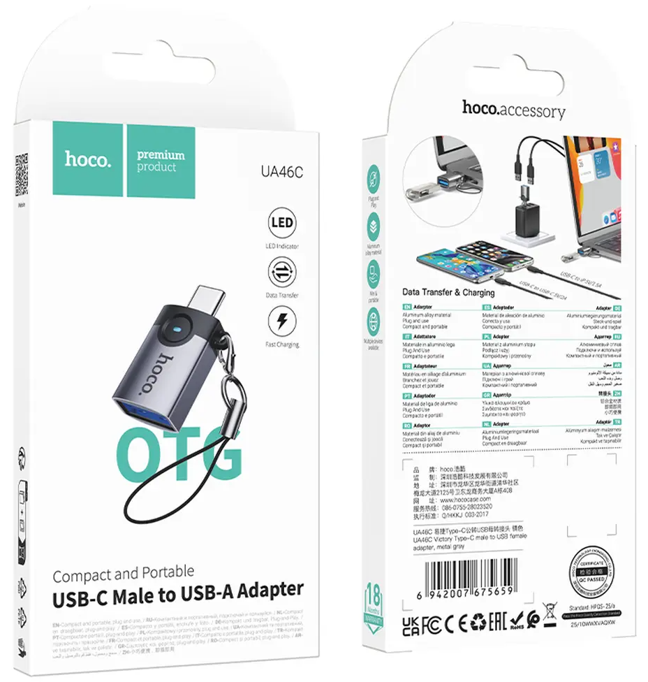 Adaptor OTG USB-C - USB-A HOCO UA46C, Gri
