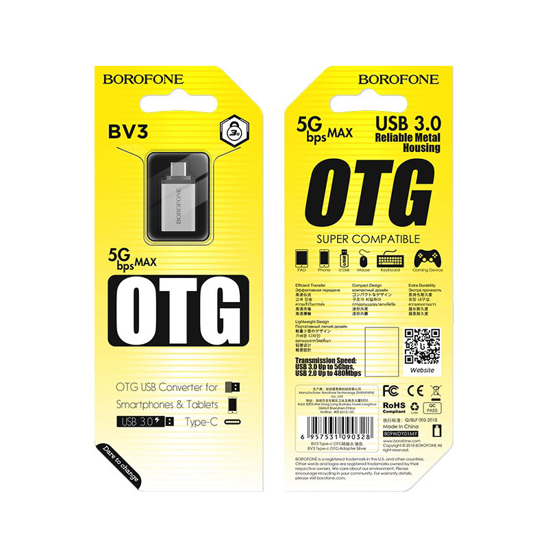 Adaptor OTG USB-A - USB-C Borofone BV3, Argintiu