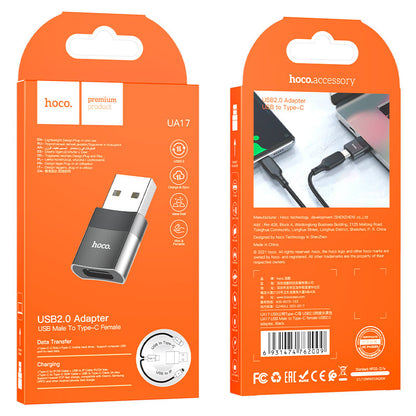 Adapter do ładowania i transmisji danych USB-C - USB-A HOCO UA17, czarny