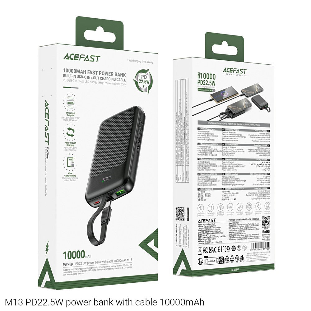 Baterie Externa Acefast M13, 10000mAh, 22.5W, QC + PD, 1 x USB-A - 2 x USB-C, Neagra