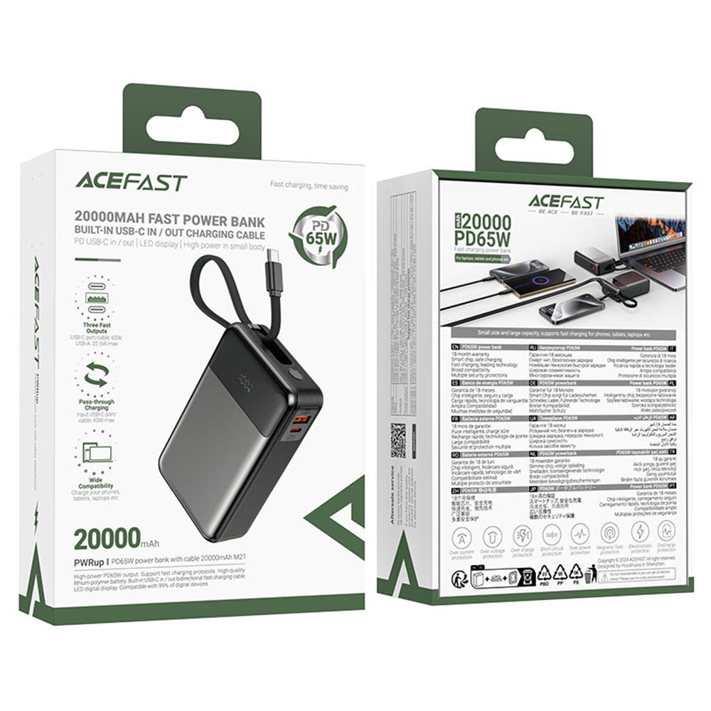 Baterie Externa Acefast M21, 20000mAh, 65W, QC + PD, 1 x USB-A - 2 x USB-C, Neagra
