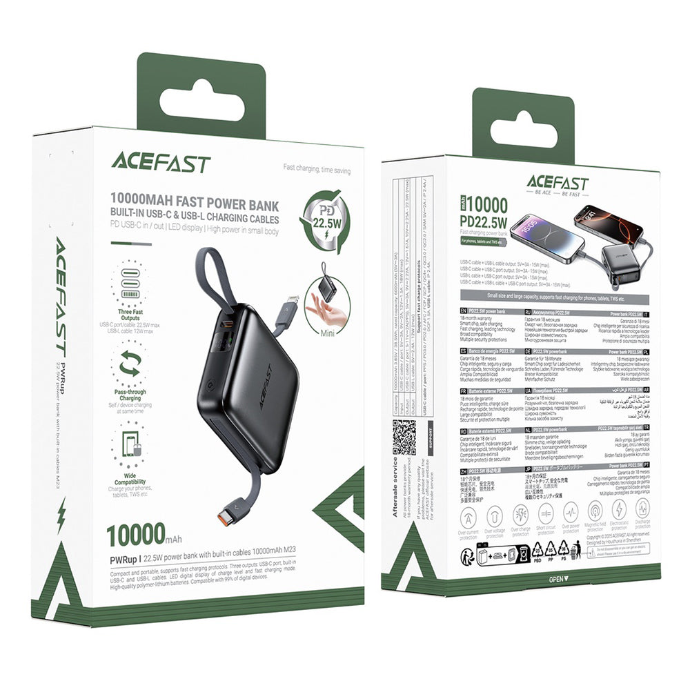 Baterie Externa Acefast M23, 10000mAh, 22.5W, QC + PD, 1 x Lightning - 2 x USB-C, Gri