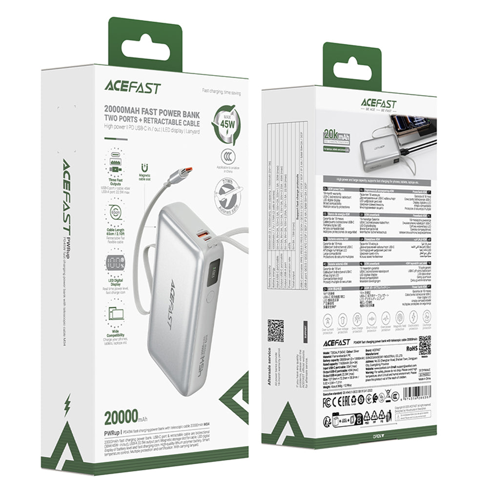 Baterie Externa Acefast M34, 20000mAh, 45W, QC + PD , 1 x  USB-A - 2 x USB-C, Argintie