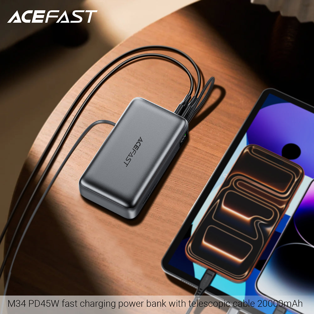Baterie Externa Acefast M34, 20000mAh, 45W, QC + PD , 1 x  USB-A - 2 x USB-C, Gri