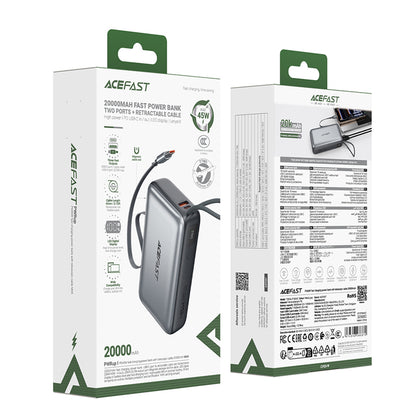 Baterie Externa Acefast M34, 20000mAh, 45W, QC + PD , 1 x  USB-A - 2 x USB-C, Gri