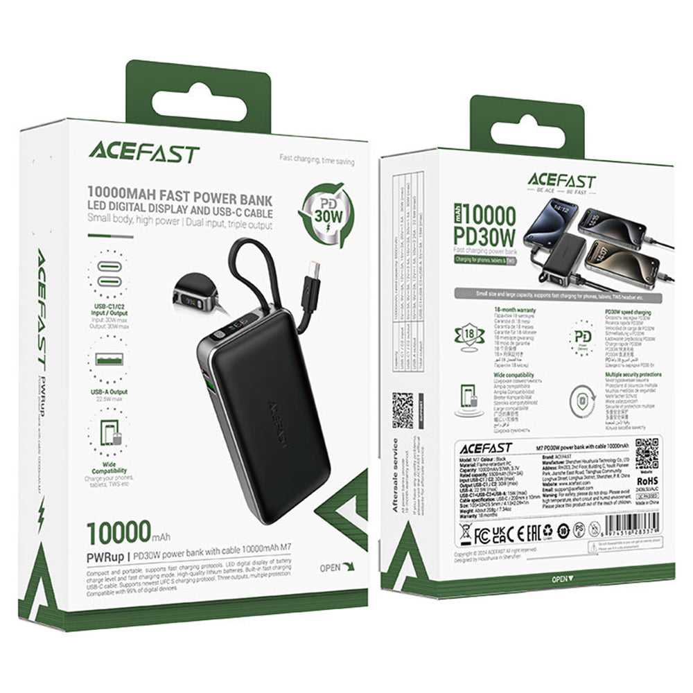 Baterie Externa Acefast M7, 10000mAh, 30W, QC + PD, 1 x USB-A - 2 x USB-C, Neagra