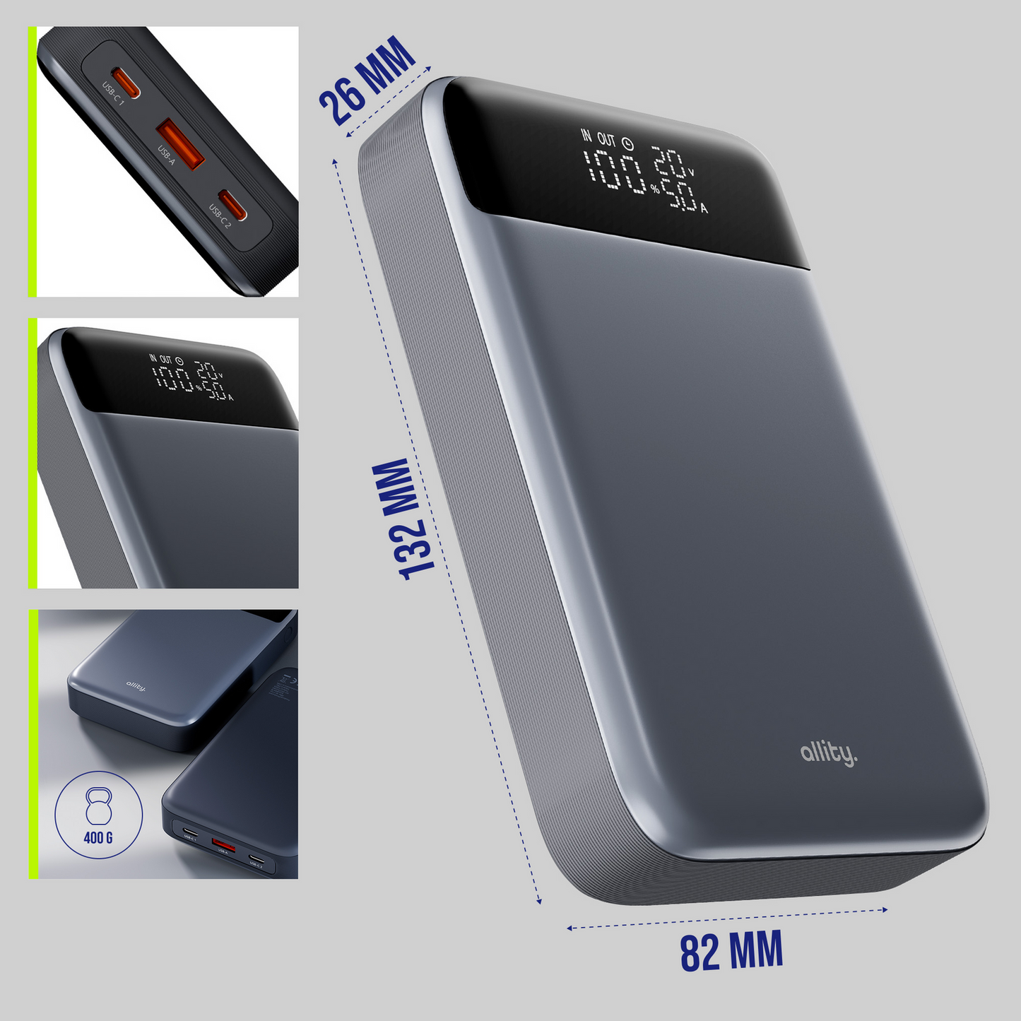 Baterie Externa Allity. APB-200 PocketPower, 19200mAh, 130W, QC + PD, 1 x USB-A - 2 x USB-C, Gri