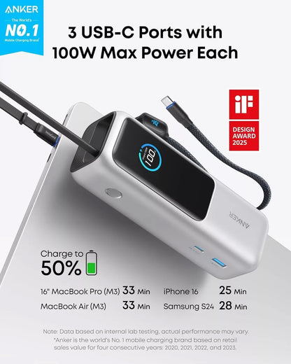 Baterie Externa Anker, 25000mAh, 165W, QC + PD, 1 x USB-A - 3 x USB-C, Argintie, Resigilata A1695H41