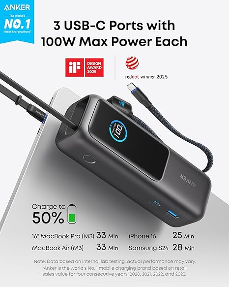 Baterie Externa Anker, 25000mAh, 165W, QC + PD, 1 x USB-A - 3 x USB-C, Gri A1695H11