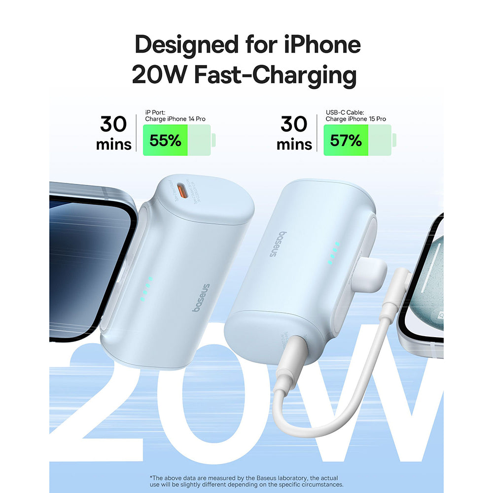 Baterie Externa Baseus Compact, 5000mAh, 20W, PD, 1 x Lightning - 1 x USB-C, Albastra P10068307313-00