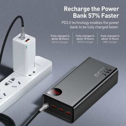 Baterie Externa Baseus Adaman, 40000mAh, 22.5W, QC + PD, 1 x USB-C - 3 x USB-A, Neagra