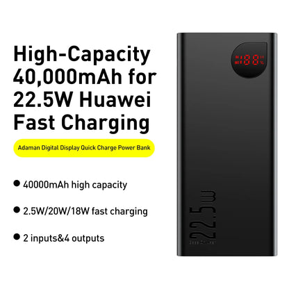 Baterie Externa Baseus Adaman, 40000mAh, 22.5W, QC + PD, 1 x USB-C - 3 x USB-A, Neagra