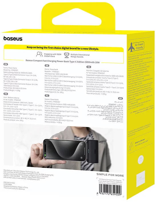 Baterie Externa Baseus Compact, 5000mAh, 20W, PD, 2 x USB-C, Neagra P10068306113-00