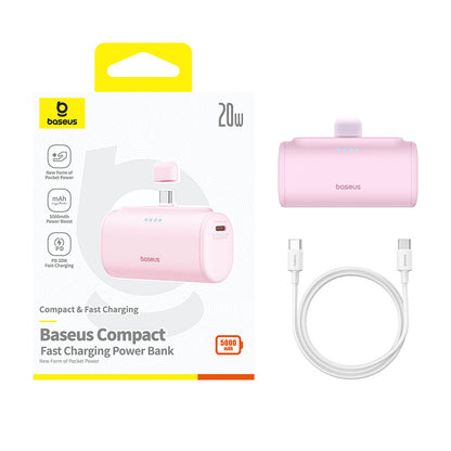 Baterie Externa Baseus Compact, 5000mAh, 20W, PD, 2 x USB-C, Roz P10068306413-00