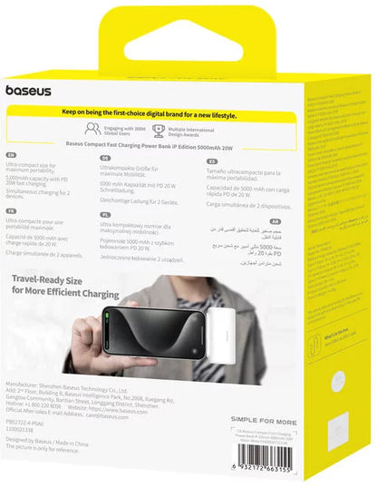 Baterie Externa Baseus Compact, 5000mAh, 20W, PD, 1 x Lightning - 1 x USB-C, Alba P10068307213-00