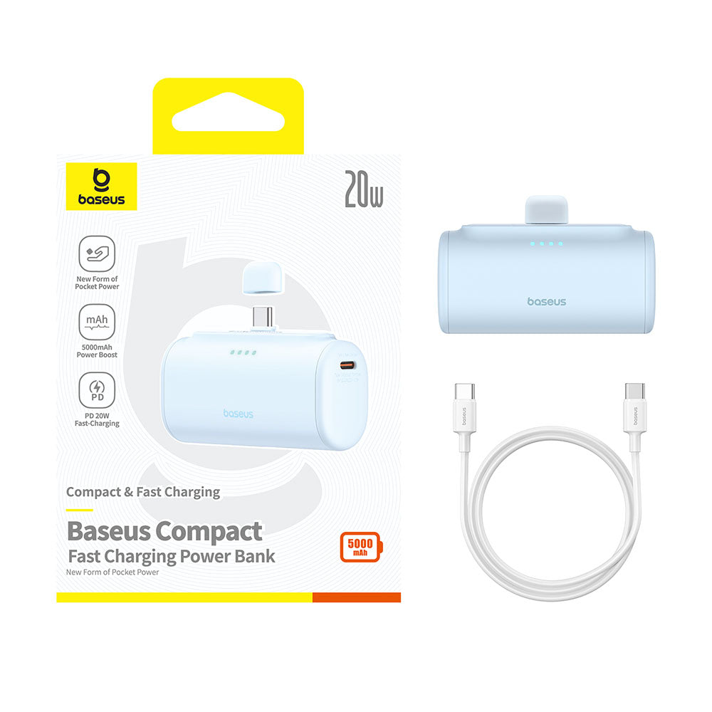 Baterie Externa Baseus Compact, 5000mAh, 20W, PD, 2 x USB-C, Albastra P10068306313-00
