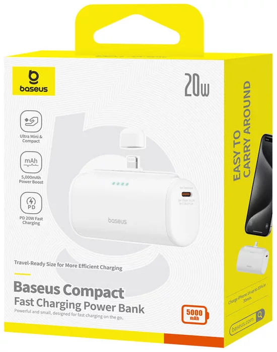 Baterie Externa Baseus Compact, 5000mAh, 20W, PD, 1 x Lightning - 1 x USB-C, Alba P10068307213-00