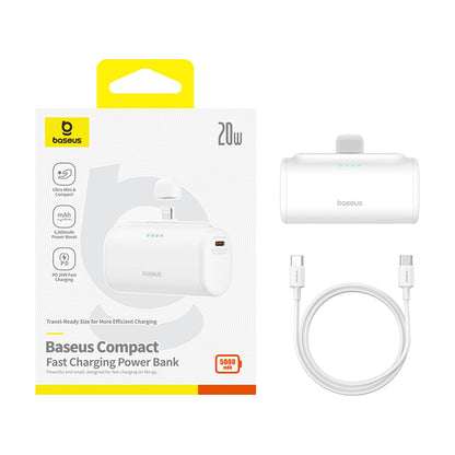 Baterie Externa Baseus Compact, 5000mAh, 20W, PD, 1 x Lightning - 1 x USB-C, Alba P10068307213-00