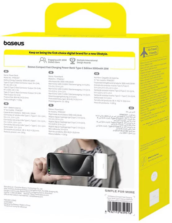 Baterie Externa Baseus Compact, 5000mAh, 20W, PD, 2 x USB-C, Alba P10068306213-00