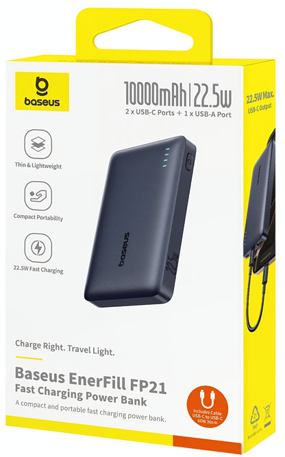 Baterie Externa Baseus EnerFill FP21, 10000mAh, 22.5W, QC + PD, 1 x USB-A - 2 x USB-C, Neagra P1008210D123-00