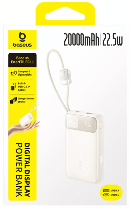 Baterie Externa Baseus EnerFill FC11, 20000mAh, 22.5W, QC + PD, 1 x Lightning - 1 x USB-A - 2 x USB-C, Bej E0027S05