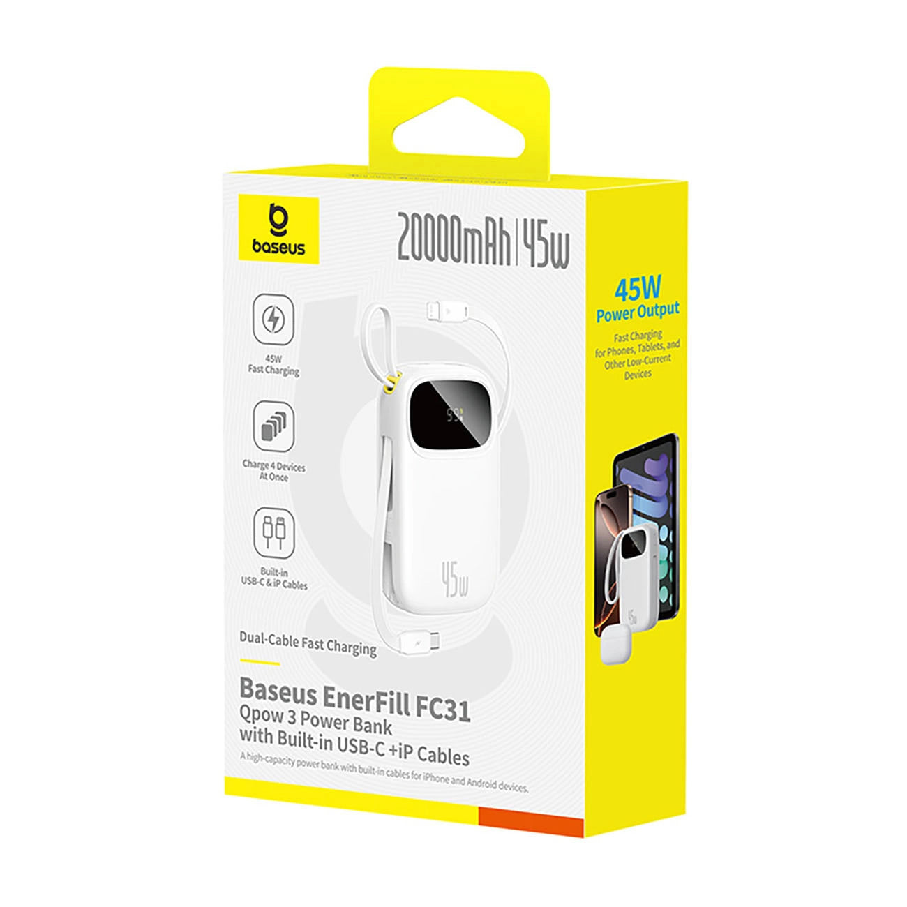 Baterie Externa Baseus EnerFill FC31, 20000mAh, 45W, QC + PD, 1 x Lightning - 1 x USB-A - 2 x USB-C, Alba E0028D01