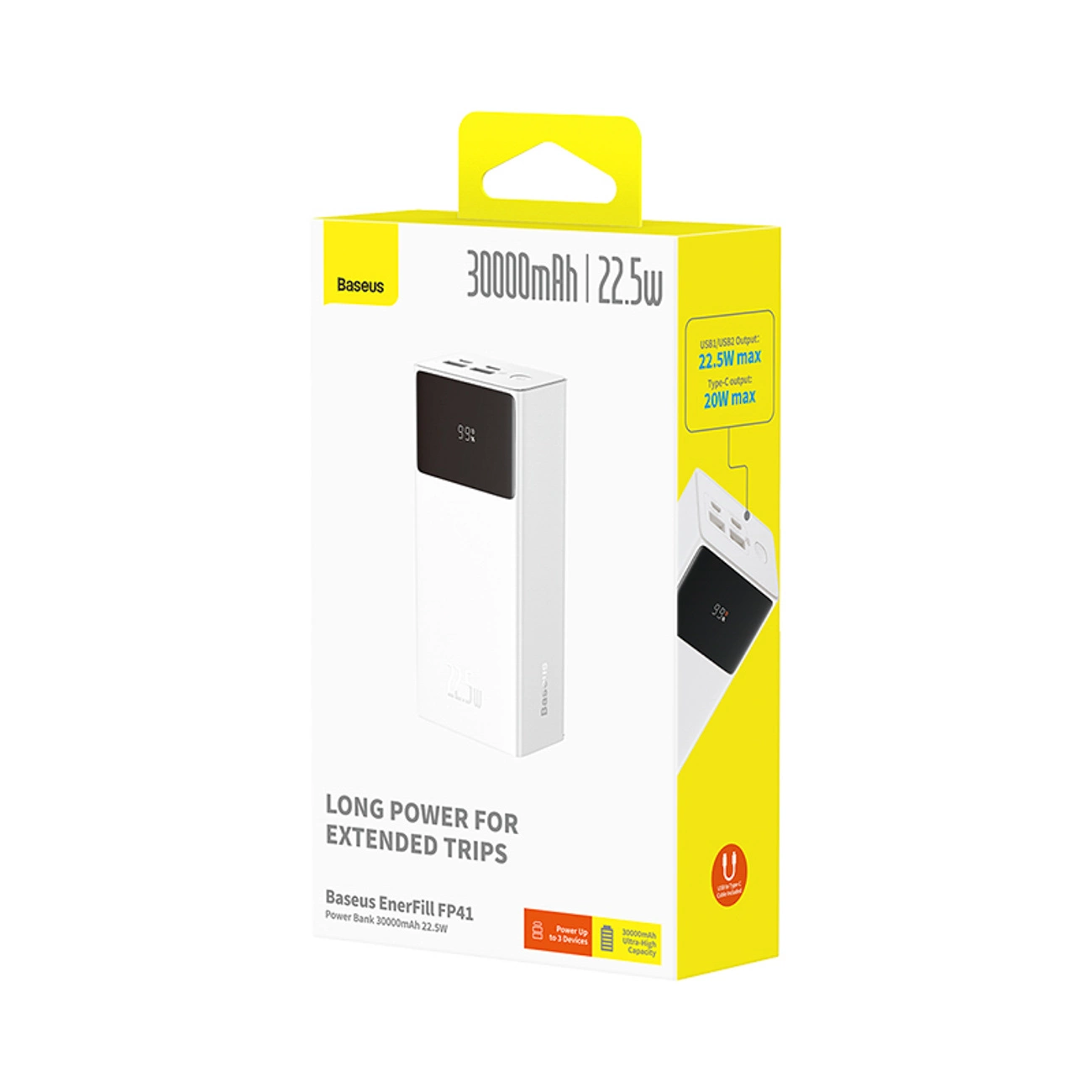 Baterie Externa Baseus EnerFill FP41, 30000mAh, 22.5W, QC + PD, 1 x USB-C - 2 x USB-A, Alba