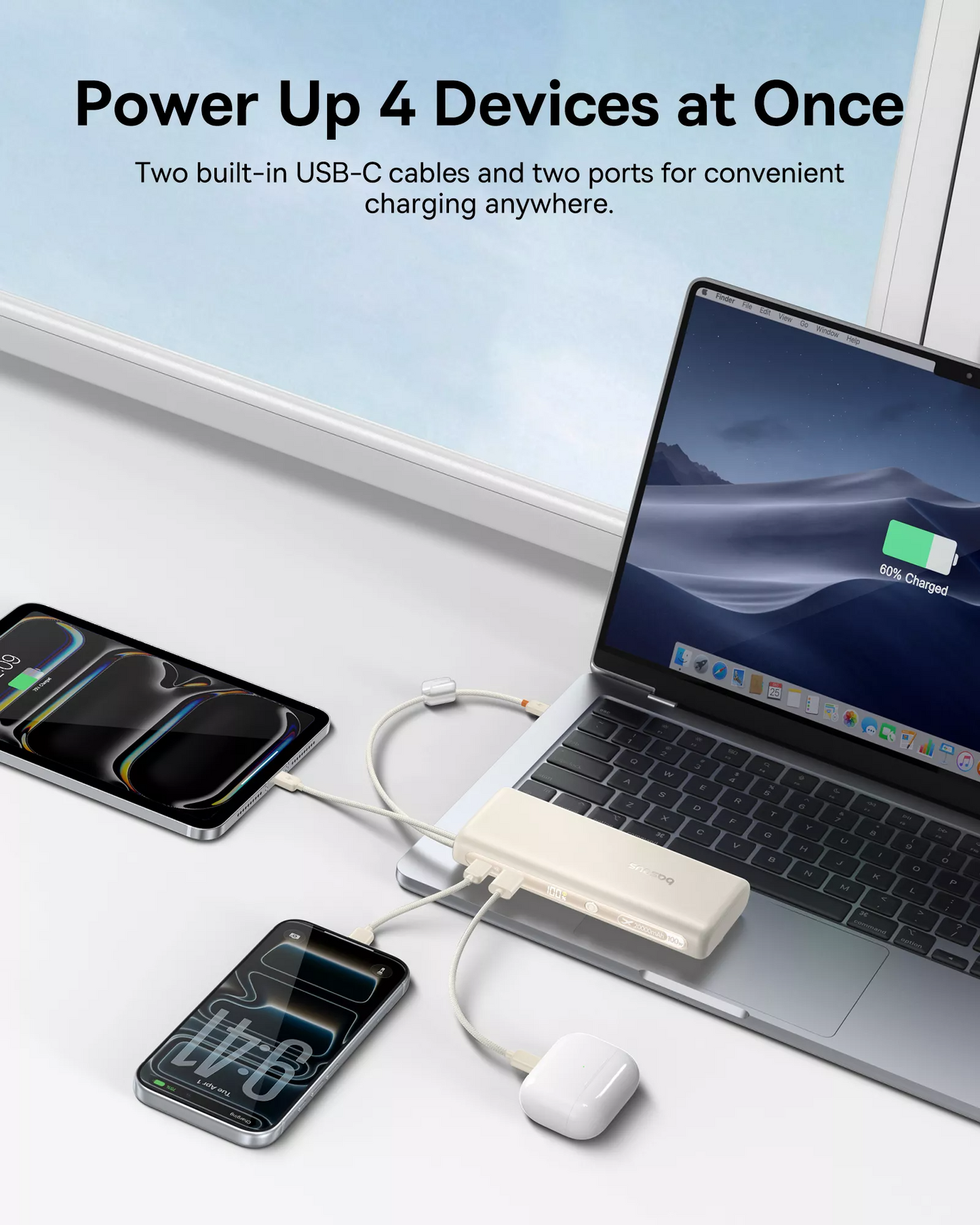 Baterie Externa Baseus EnerFill FC41, 20000mAh, 100W, QC + PD, 1 x USB-A - 3 x USB-C, Alba E0028N04
