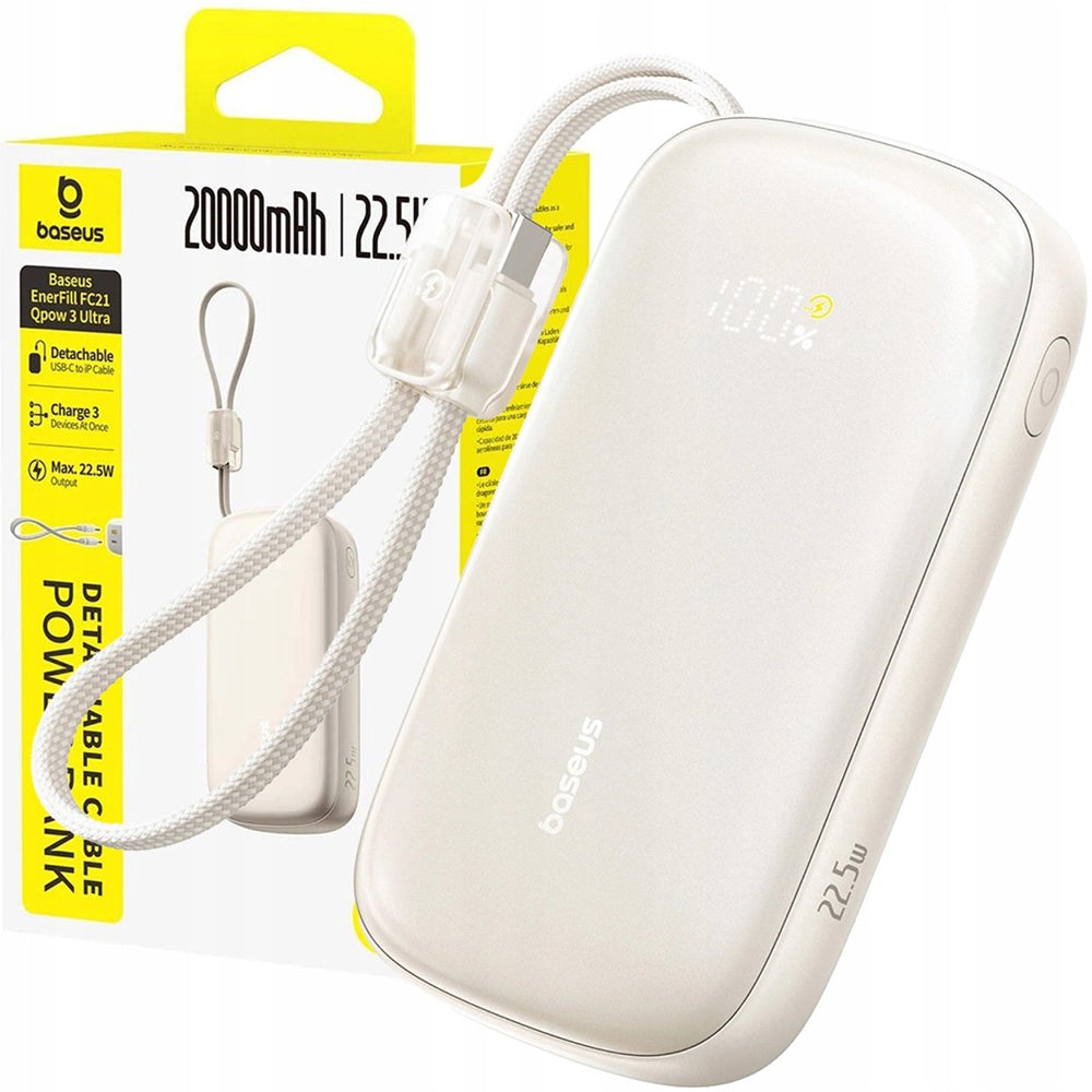 Baterie Externa Baseus EnerFill FC21 Qpow 3 Ultra, 20000mAh, 45W, QC + PD, 1 x USB-A - 1 x USB-C, Bej E0027P01