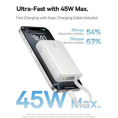 Baterie Externa Baseus PicoGo, 10000mAh, 45W, QC + PD, 1 x USB-A - 2 x USB-C, Alba P10076803213-00