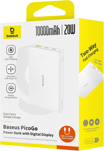 Baterie Externa Baseus PicoGo, 10000mAh, 20W, QC + PD, 1 x USB-A - 2 x USB-C, Alba P10076801213-00