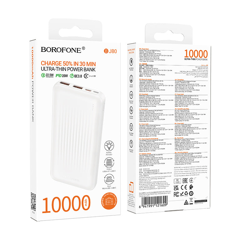 Baterie Externa Borofone BJ80A Clever, 10000mAh, 22.5W, QC + PD, 1 x USB-C - 2 x USB-A, Alba