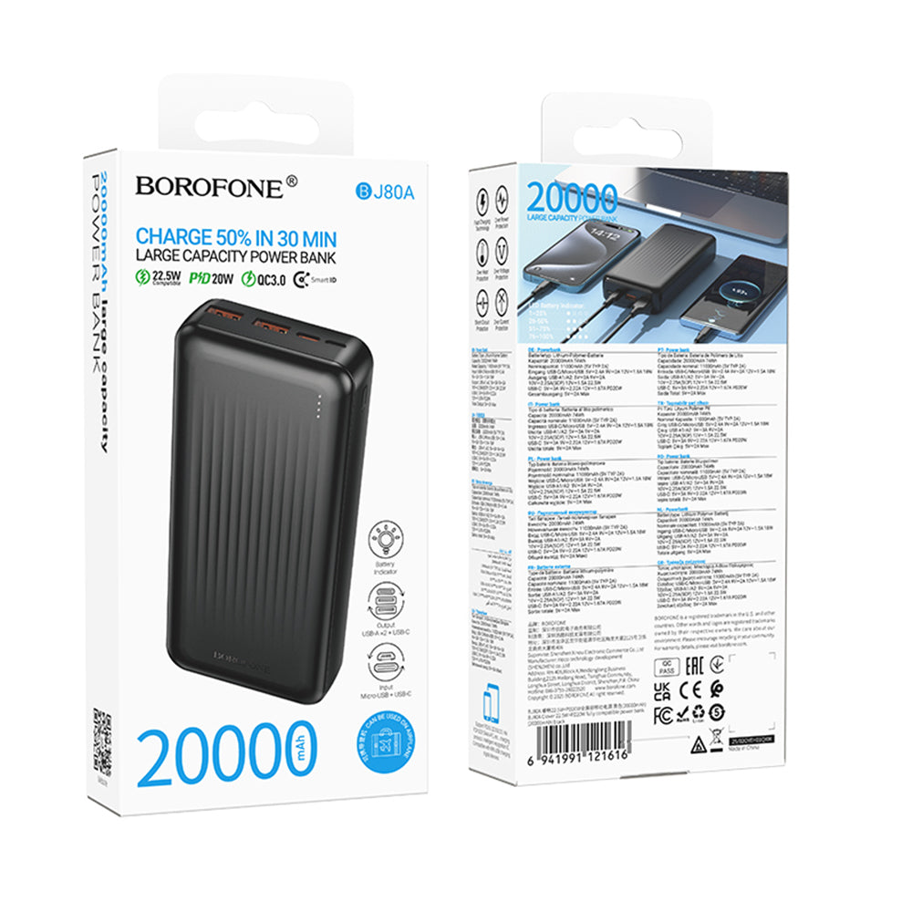 Baterie Externa Borofone BJ80A Clever, 20000mAh, 22.5W, QC + PD, 1 x USB-C - 2 x USB-A, Neagra