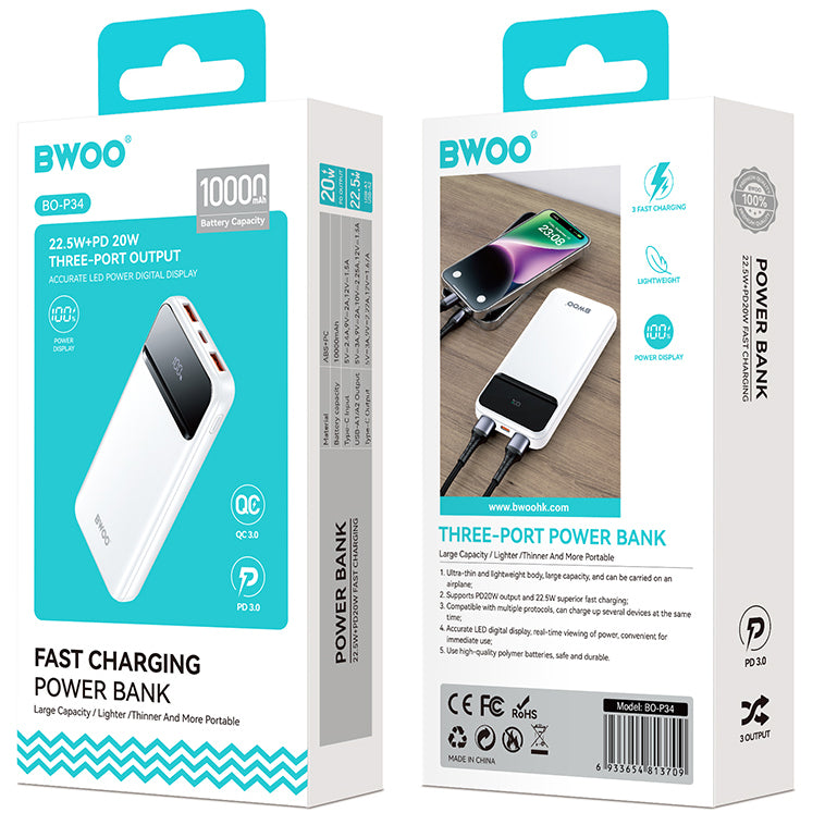 Baterie Externa BWOO BO-P34, 10000mAh, 22.5W, QC + PD, 1 x USB-C - 2 x USB-A, Alba