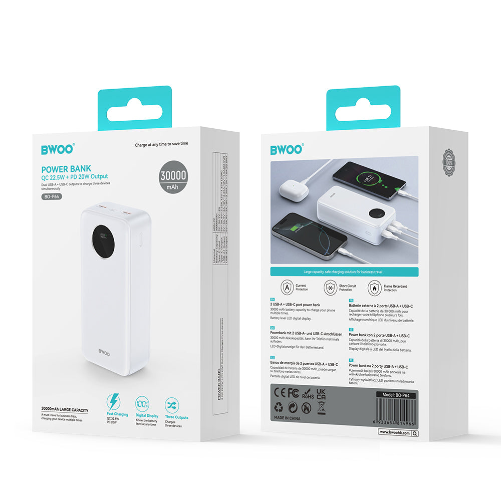 Baterie Externa BWOO BO-P64, 30000mAh, 22.5W, QC + PD, 1 x USB-C - 2 x USB-A, Alba