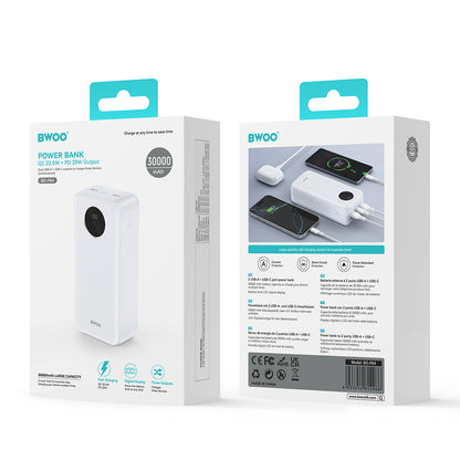 Baterie Externa BWOO BO-P64, 30000mAh, 22.5W, QC + PD, 1 x USB-C - 2 x USB-A, Alba