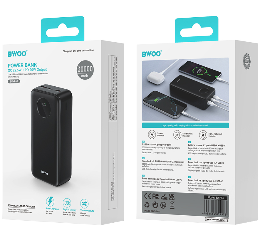 Baterie Externa BWOO BO-P64, 30000mAh, 22.5W, QC + PD, 1 x USB-C - 2 x USB-A, Neagra