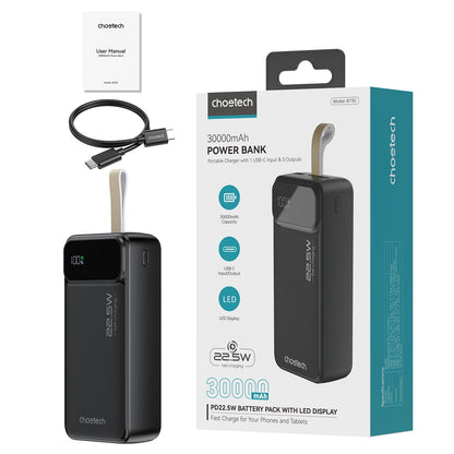 Baterie Externa Choetech B730, 30000mAh, 22.5W, QC + PD, 1 x USB-C - 2 x USB-A, Neagra