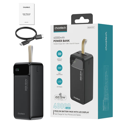 Baterie Externa Choetech B731, 40000mAh, 22.5W, QC + PD, 1 x USB-C - 2 x USB-A, Neagra