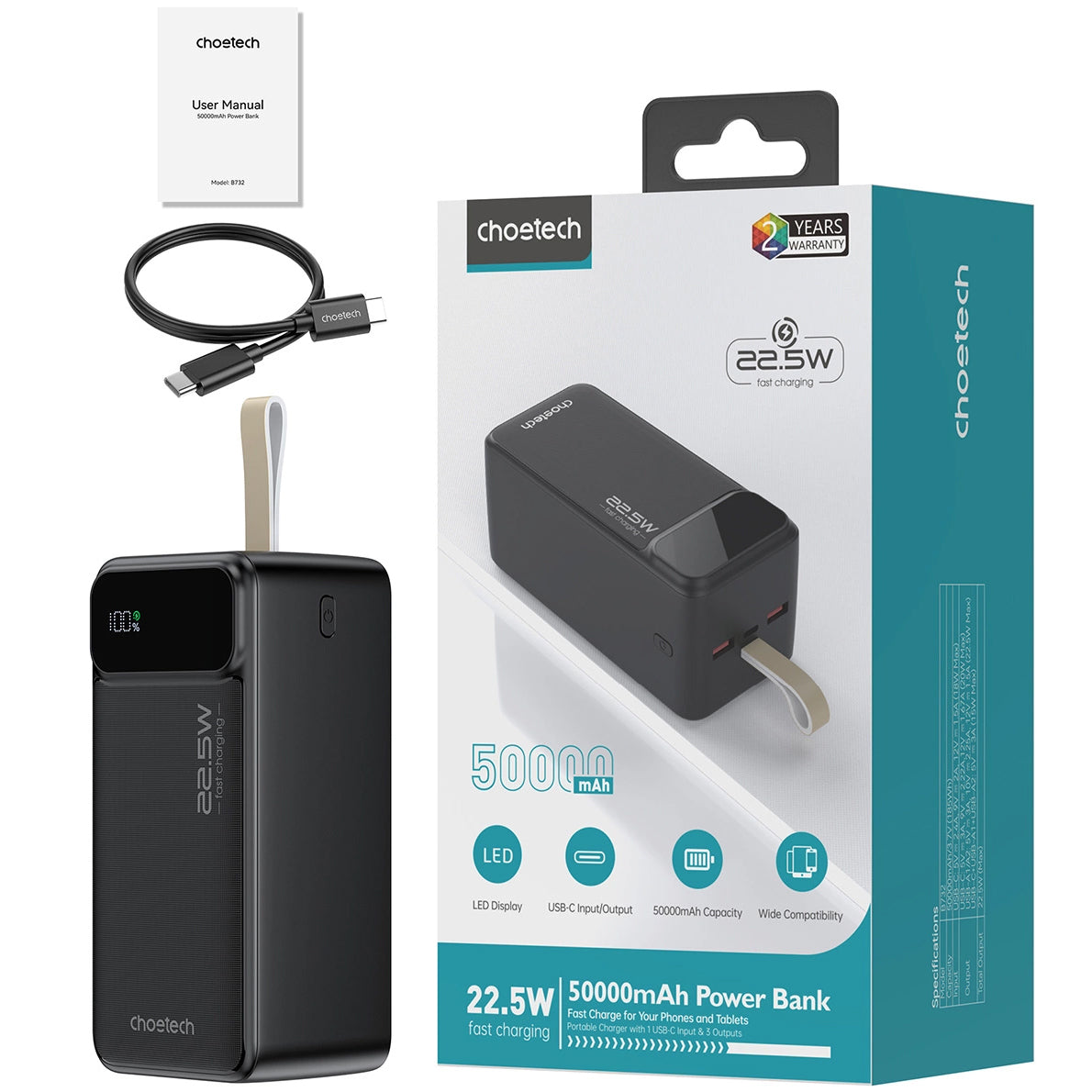 Baterie Externa Choetech B732, 50000mAh, 22.5W, QC + PD, 1 x USB-C - 2 x USB-A, Neagra