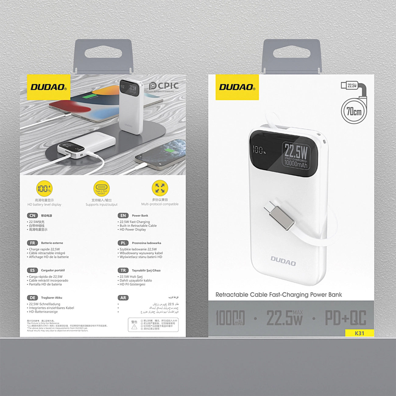 Baterie Externa Dudao K31, 10000mAh, 22.5W, PD, 2 x USB-C, Alba