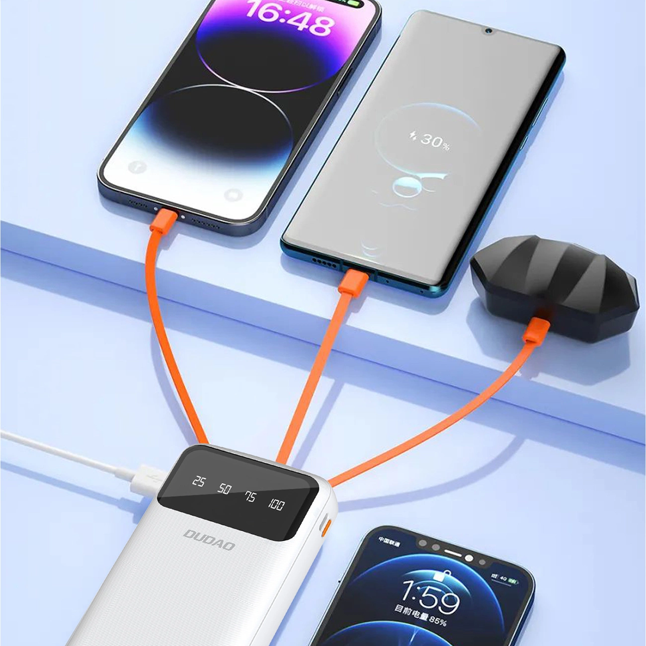 Baterie Externa Dudao K6Pro+, 20000mAh, 10W, 1 x Lightning - 1 x microUSB - 1 x USB-A - 1 x USB-C, Alba
