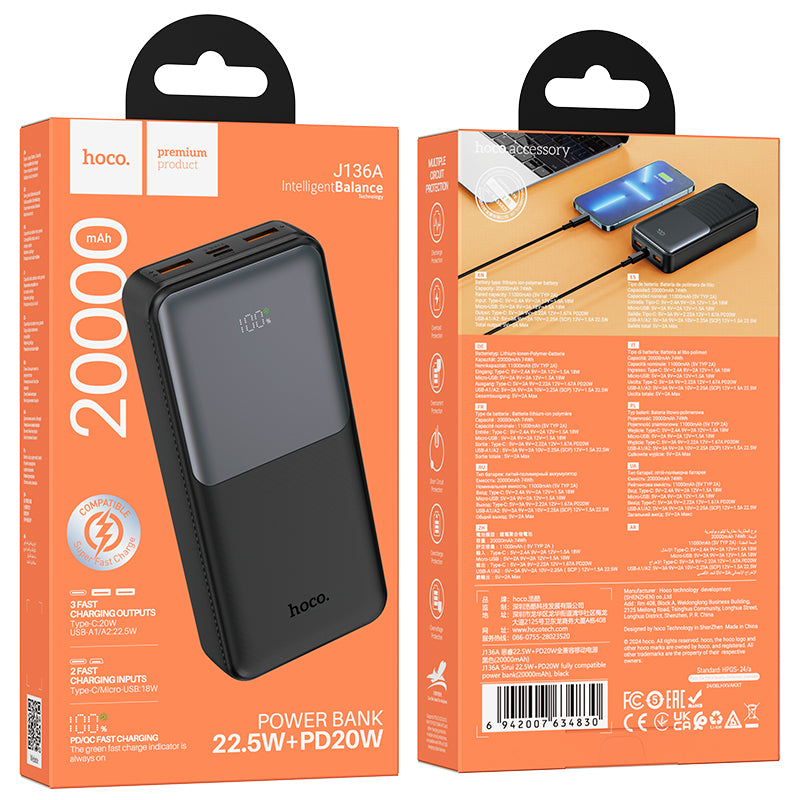 Baterie Externa HOCO J136A, 20000mAh, 22.5W, QC + PD, 1 x USB-C - 2 x USB-A, Neagra
