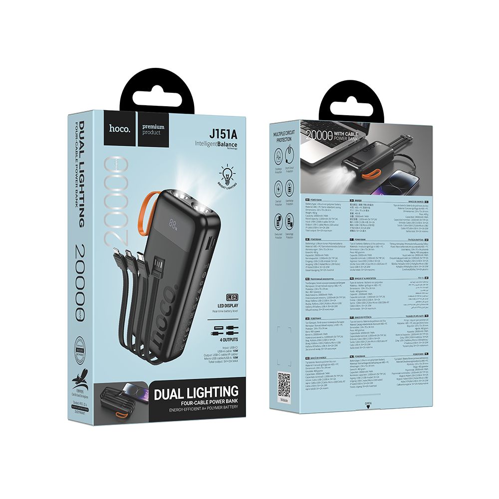 Baterie Externa HOCO J151A, 20000mAh, 10W, 1 x Lightning - 1 x microUSB - 1 x USB-A - 1 x USB-C, Neagra